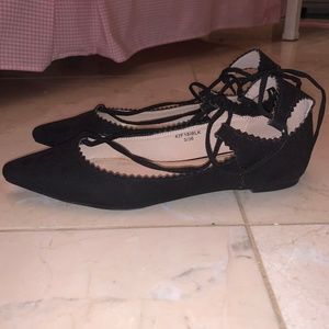Black pointed-toe, strappy tie up flats